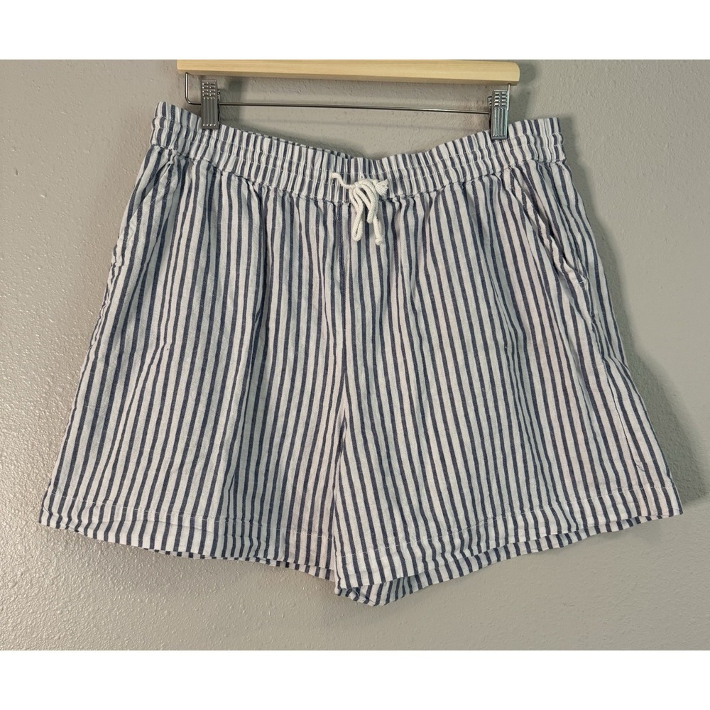 BeachLunchLounge Linen Cotton Blue White Striped Coastal Summer Drawstring Short